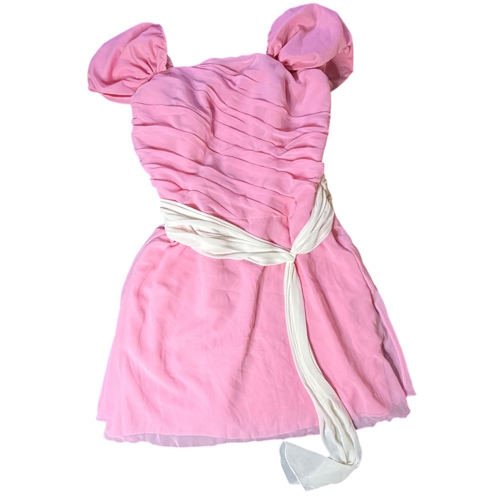 Pink Ruched Puff‎ Sleeve Dress with Cream Sash Belt